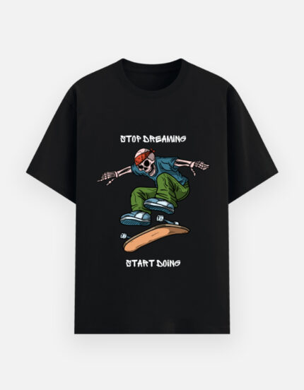 Skater skeleton oversized cotton t-shirt with motivational quote – Pixary